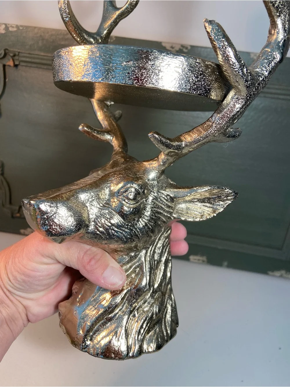 Silver Deer Stag Head Antler Candle Holder Trinket Dish Men’s